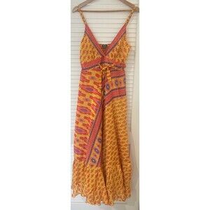 ELINA Boho Vibrant Maxi Dress Yellow Red Mixed Pattern Smocked Back Tie Waist